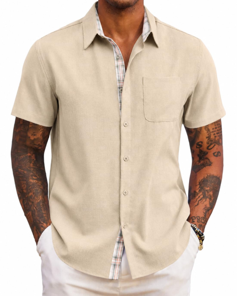 Caleb Camisa Hombre – Manga Corta, Bolsillo, Detalles Cuadros y Corte Regular