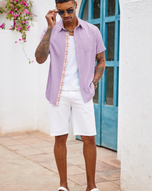 Caleb Men’s Shirt – Short Sleeves, Pocket, Checkered Details, and Regular Fit