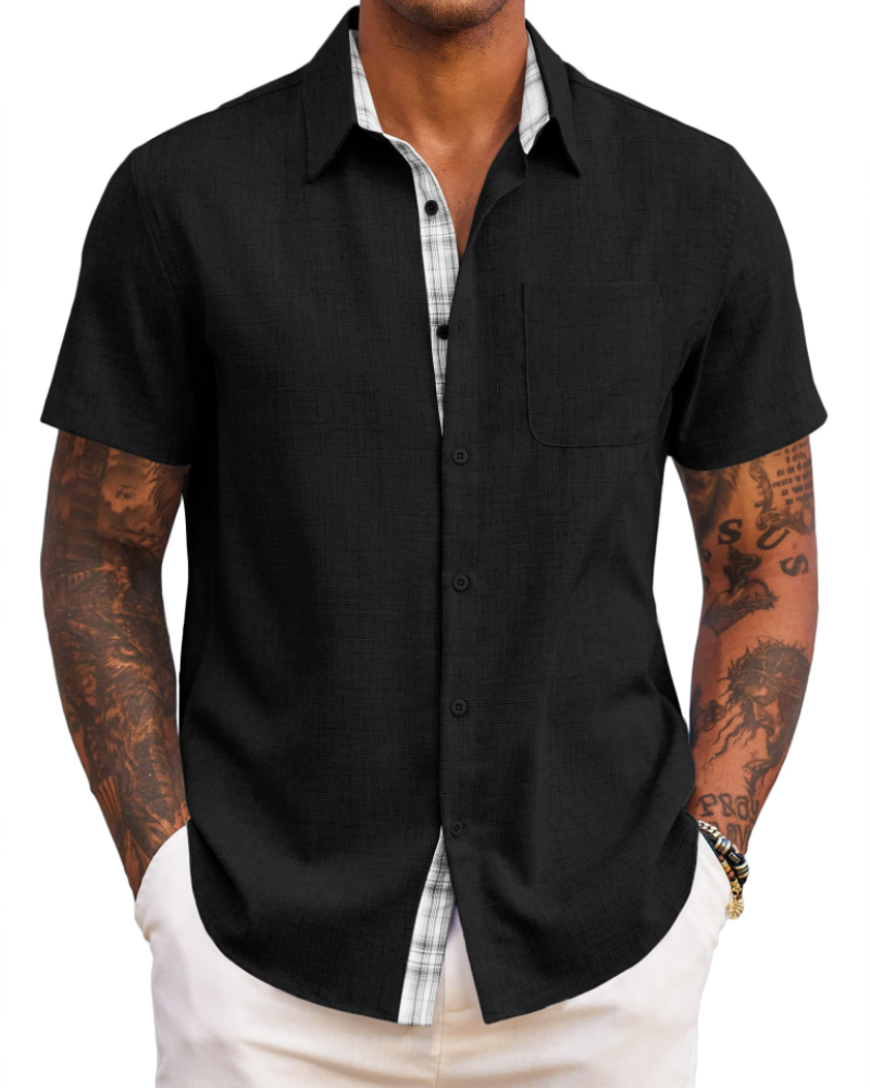 Caleb Camisa Hombre – Manga Corta, Bolsillo, Detalles Cuadros y Corte Regular