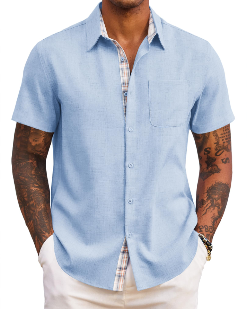 Caleb Camisa Hombre – Manga Corta, Bolsillo, Detalles Cuadros y Corte Regular