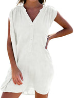 Freya Vestido Camisero Playa Mujer – Sin Mangas, Cuello en V, Botones y Tejido Lino