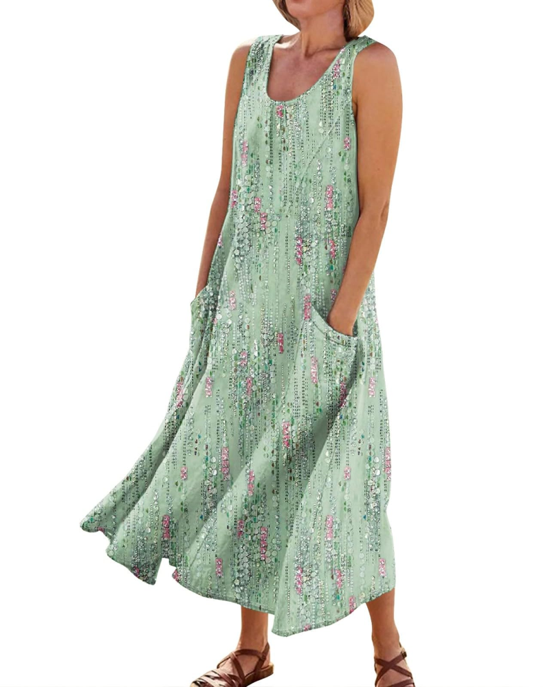 Hazel Vestido Maxi Boho Mujer – Cuello en V, Bolsillos y Manga Corta