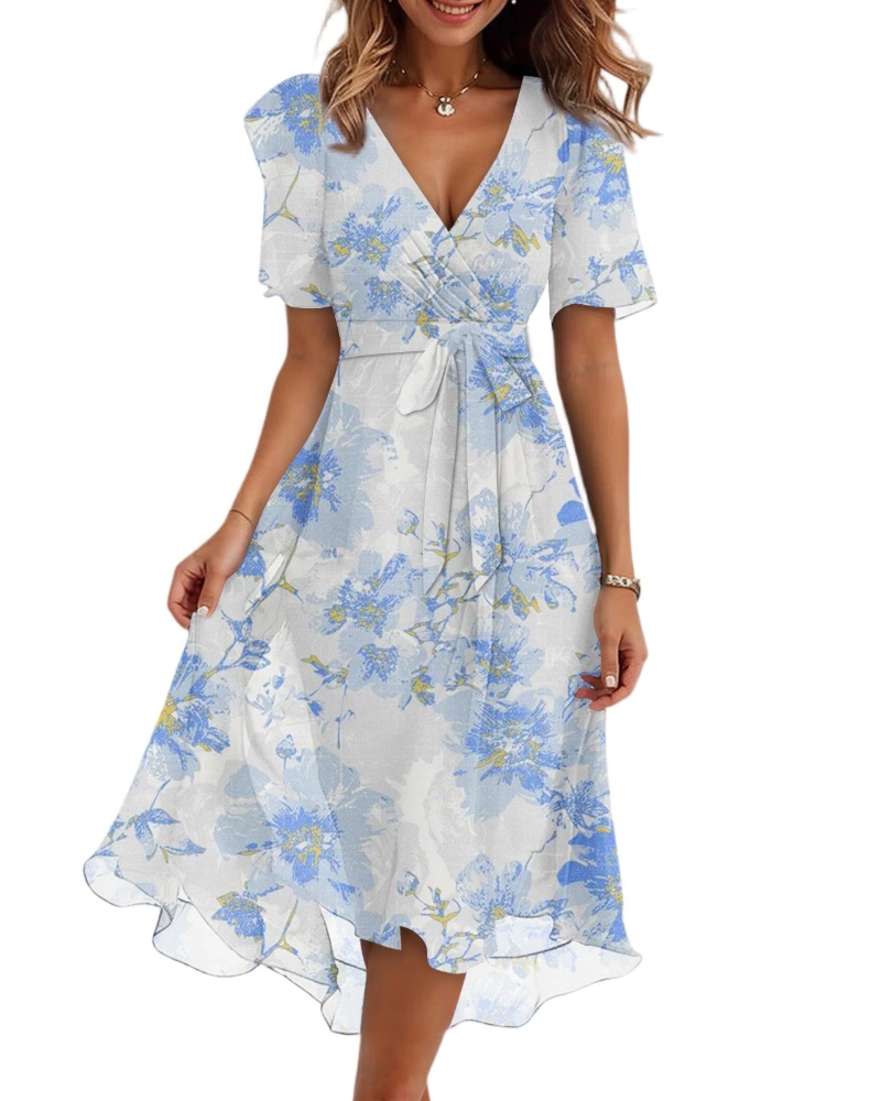 Florence Vestido Midi Floral Mujer – Cuello Cruzado, Cinturón y Mangas Abullonadas
