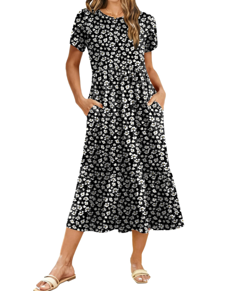 Elodie Vestido Midi Floral Mujer – Mangas Pétalo, Bolsillos y Falda con Volantes