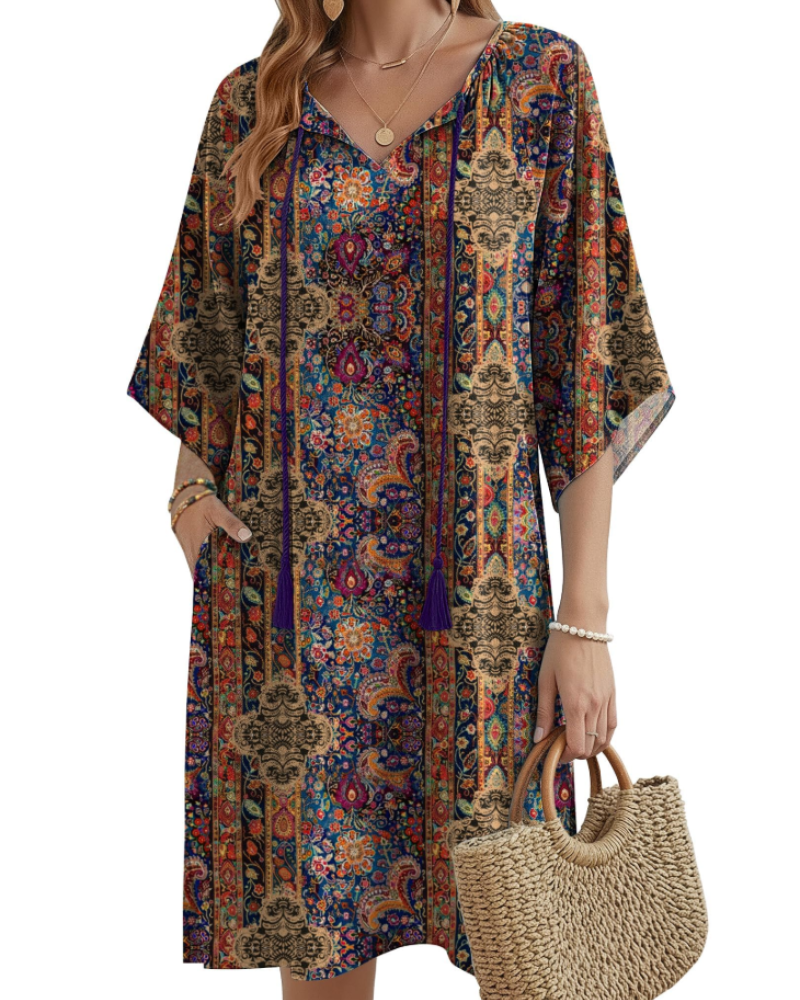 Cecilia Vestido Túnica Boho Mujer – Cuello en V, Borlas, Bolsillos y Manga Media