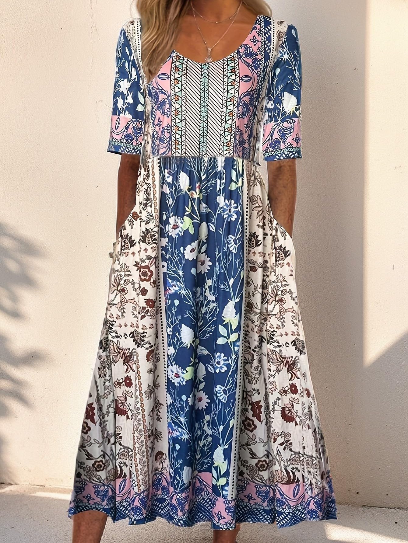 Cecilia Vestido Maxi Mujer – Floral, Manga Corta, Cuello Redondo y Bolsillos