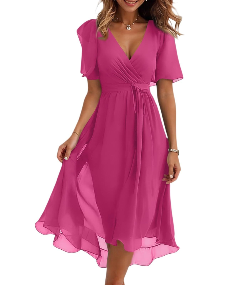 Florence Vestido Midi Floral Mujer – Cuello Cruzado, Cinturón y Mangas Abullonadas