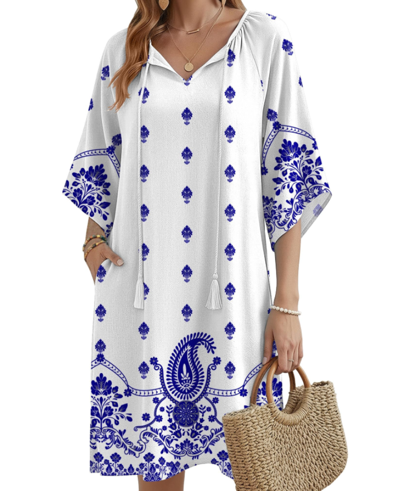 Cecilia Vestido Túnica Boho Mujer – Cuello en V, Borlas, Bolsillos y Manga Media