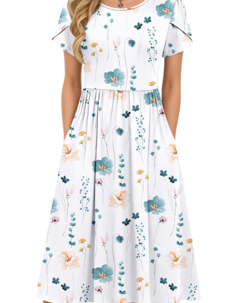 Isabelle Vestido Midi Verano Mujer – Cintura Elástica, Mangas Pétalo y Bolsillos