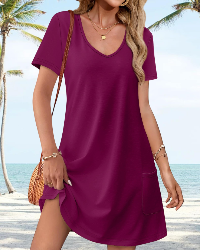 Mabel Vestido Playa Mujer – Cuello en V, Manga Corta y Tejido Elástico Ligero