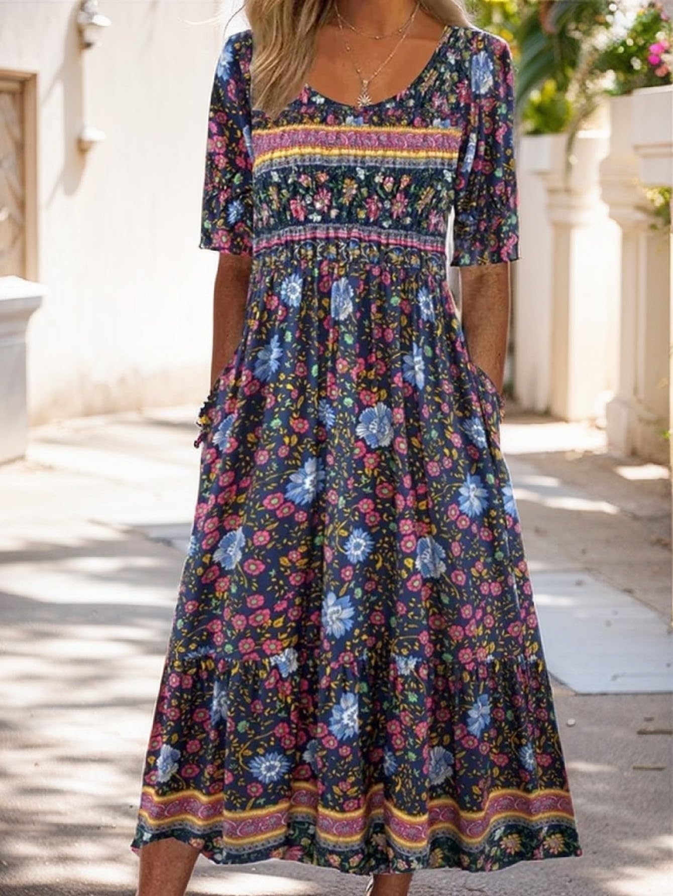 Cecilia Vestido Maxi Mujer – Floral, Manga Corta, Cuello Redondo y Bolsillos