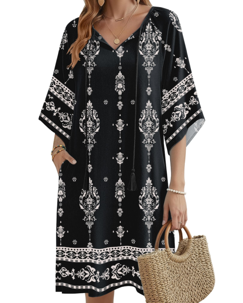 Cecilia Vestido Túnica Boho Mujer – Cuello en V, Borlas, Bolsillos y Manga Media
