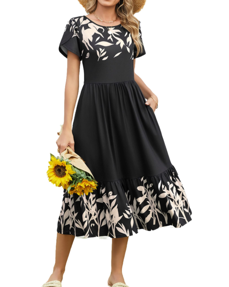 Elodie Vestido Midi Floral Mujer – Mangas Pétalo, Bolsillos y Falda con Volantes