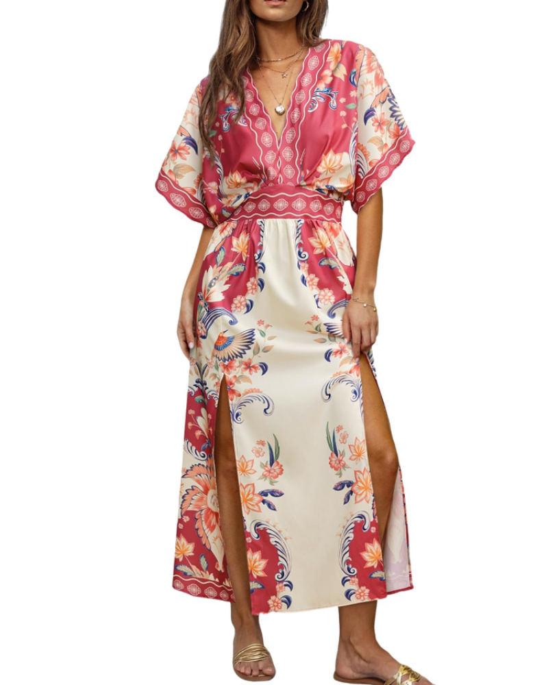 Juliet Vestido Maxi Boho Mujer – Manga Kimono, Cuello en V, Cintura Alta y Abertura