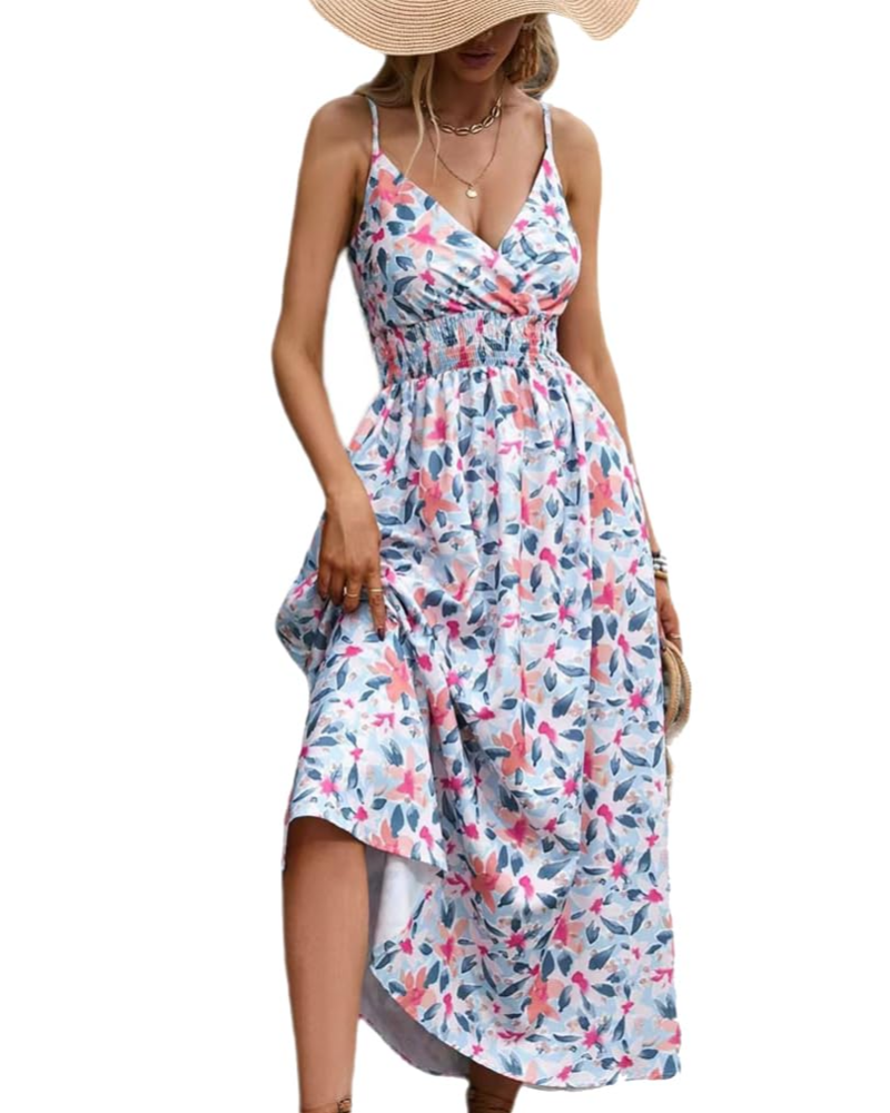 Piper Abito Maxi Floreale Donna – Scollo a V, Spalline Sottili e Vita Alta