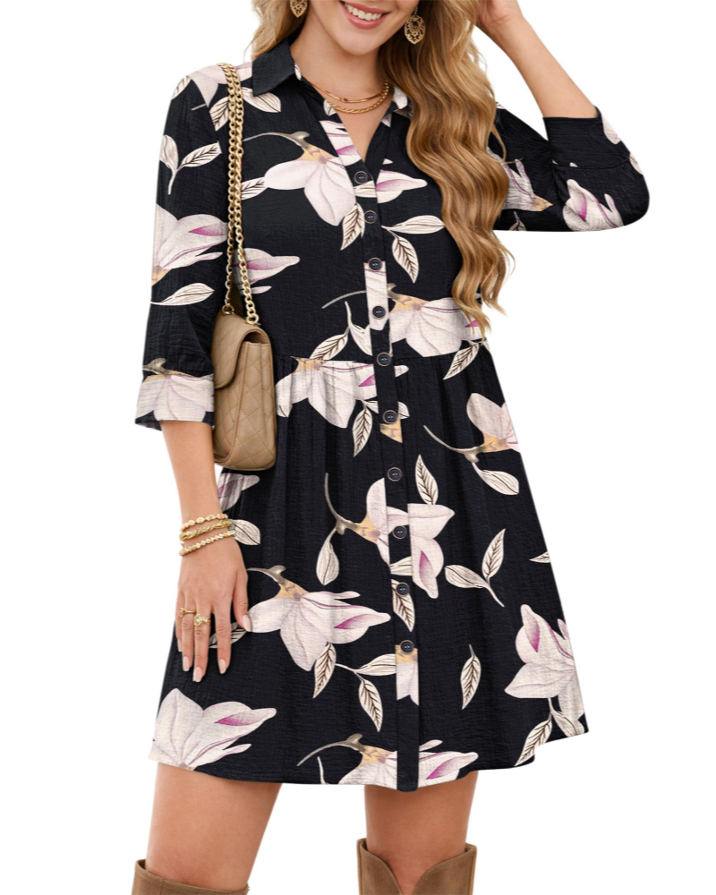 Avery Vestido Camisero Mujer – Cuello en V, Cintura Imperio, Bolsillos y Botones