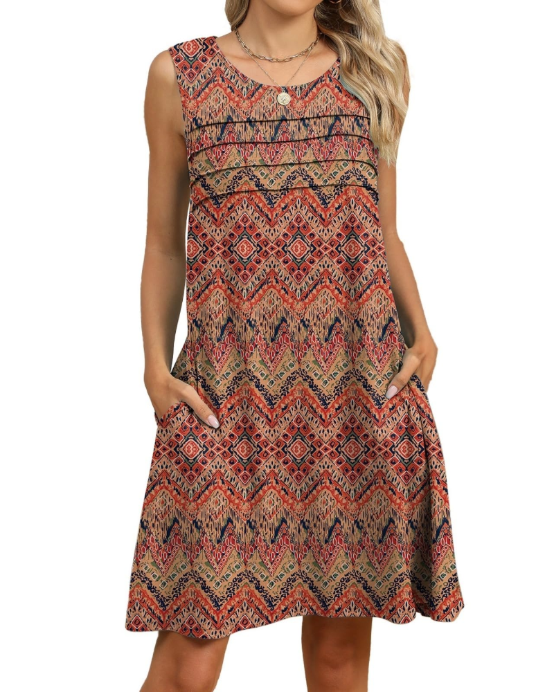 Sloane Vestido Midi Floral Mujer – Sin Mangas, Pliegues, Bolsillos y Corte Línea A