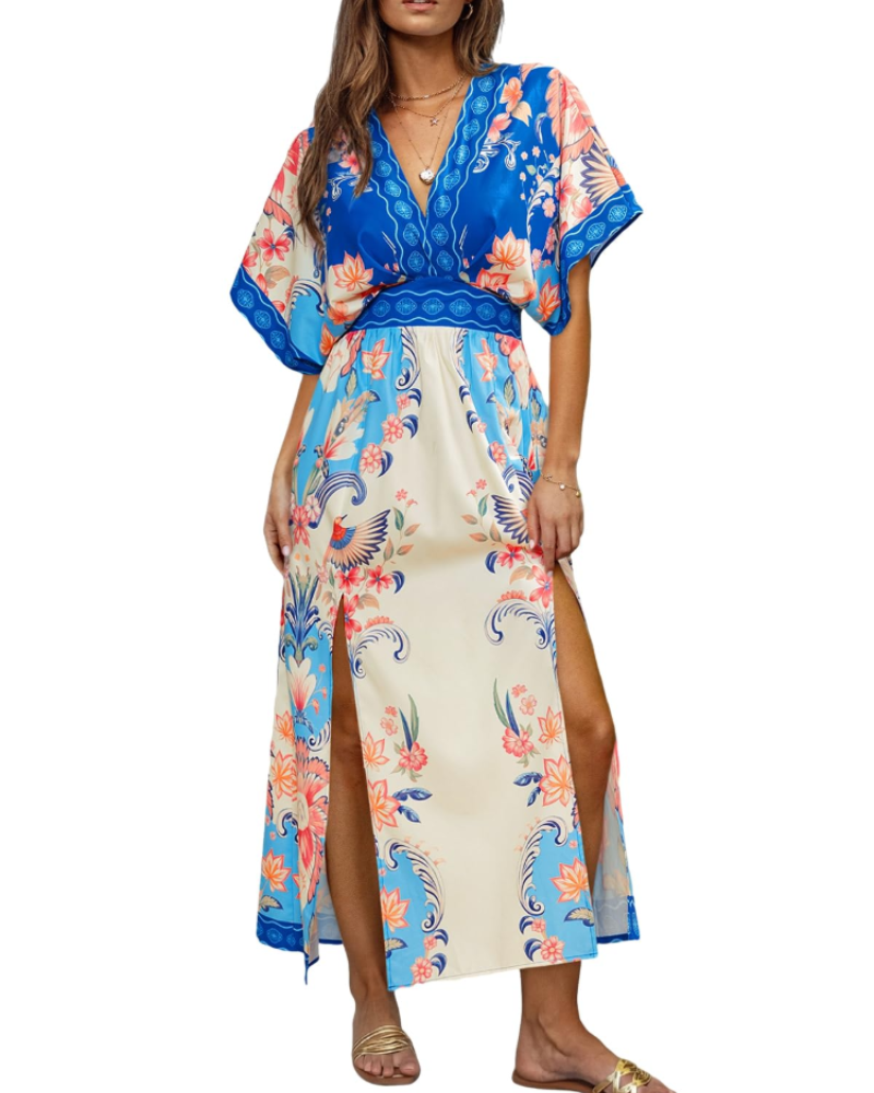 Juliet Vestido Maxi Boho Mujer – Manga Kimono, Cuello en V, Cintura Alta y Abertura
