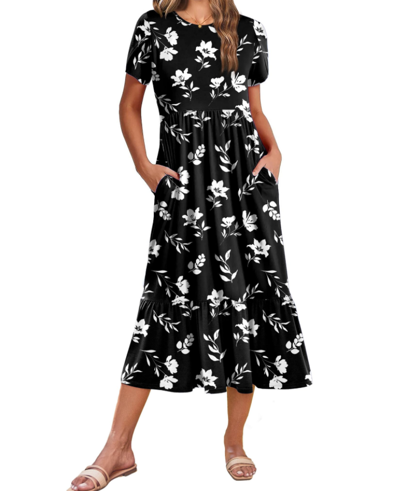 Elodie Vestido Midi Floral Mujer – Mangas Pétalo, Bolsillos y Falda con Volantes
