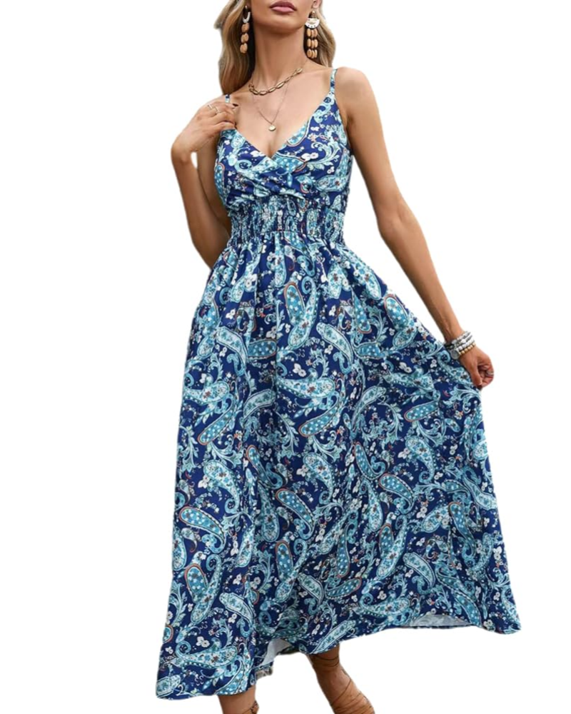 Robe Maxi Florale Piper Femme – Col en V, Bretelles Fines et Taille Haute