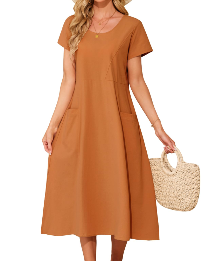 Nora Robe Midi Coton Femme – 100% Coton, Poches et Coupe Ample