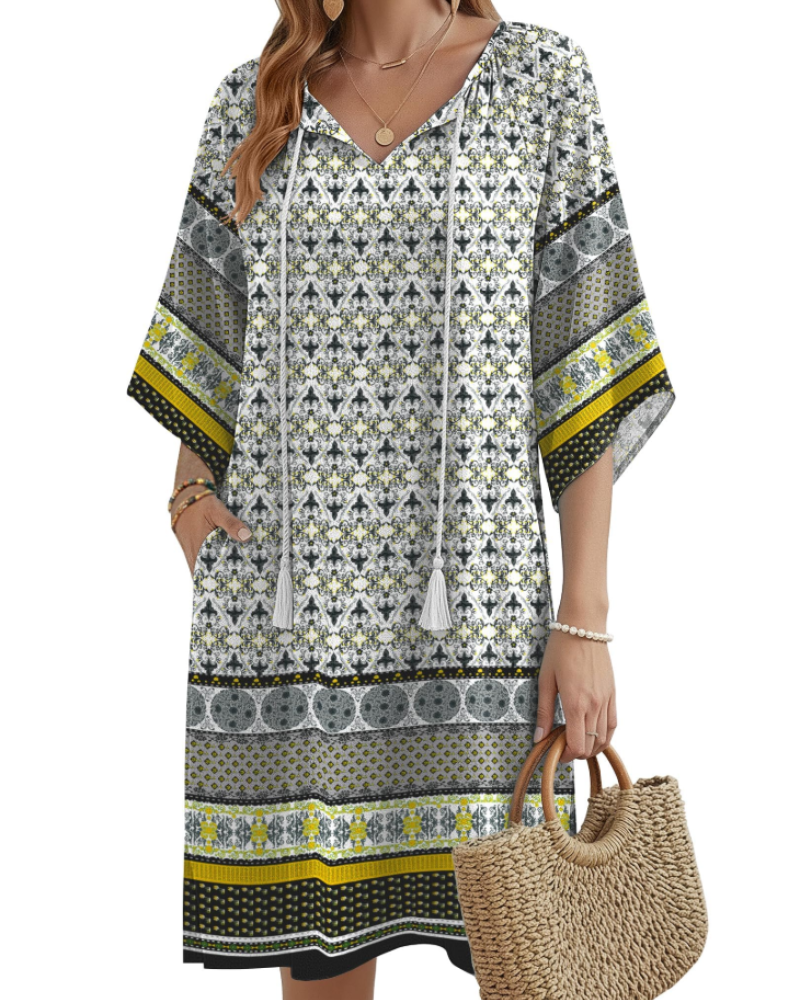 Cecilia Vestido Túnica Boho Mujer – Cuello en V, Borlas, Bolsillos y Manga Media