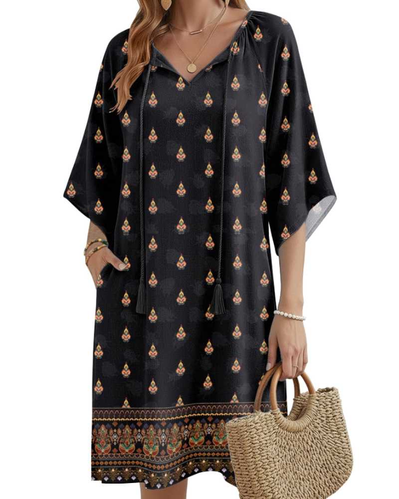 Cecilia Vestido Túnica Boho Mujer – Cuello en V, Borlas, Bolsillos y Manga Media