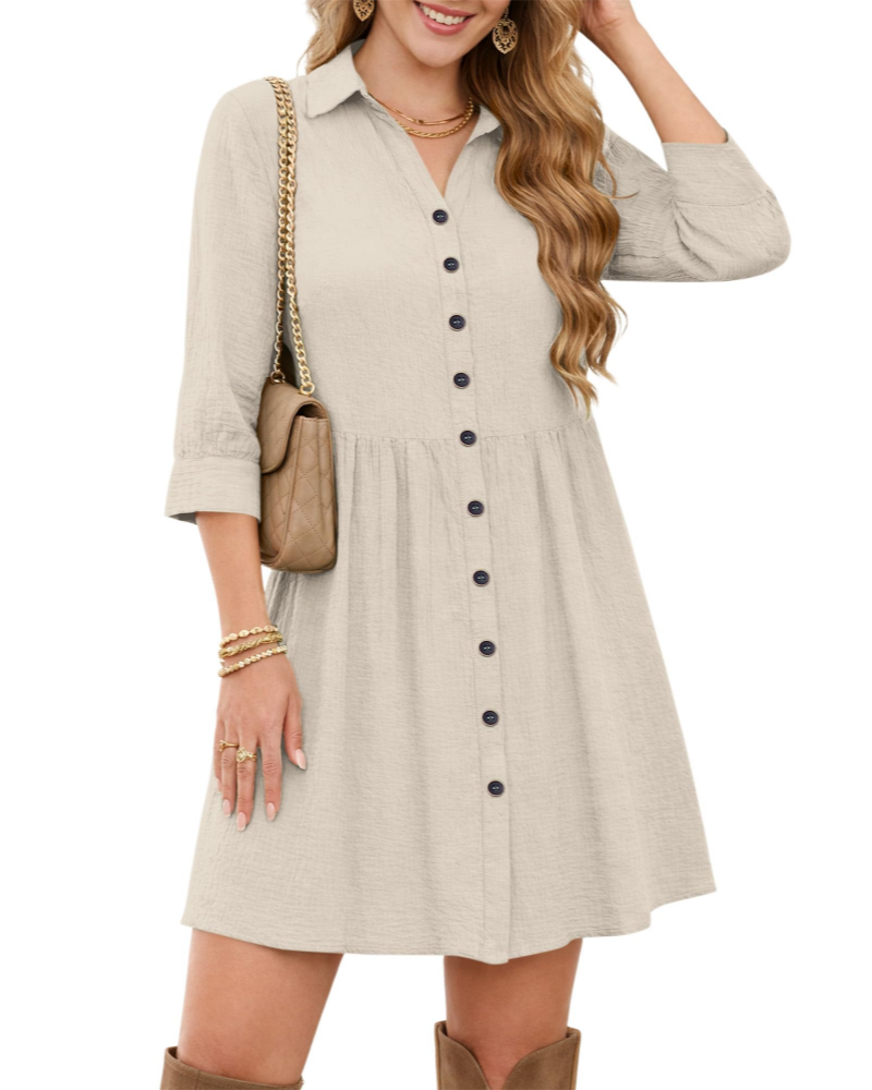 Avery Vestido Camisero Mujer – Cuello en V, Cintura Imperio, Bolsillos y Botones