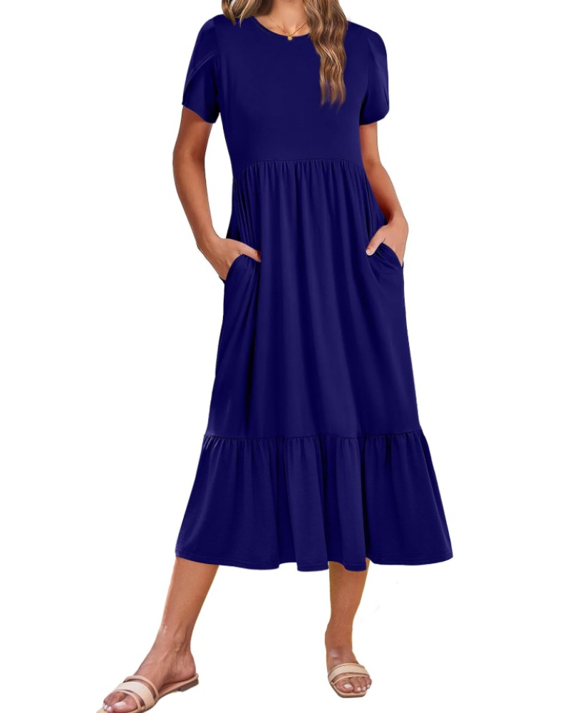 Elodie Vestido Midi Floral Mujer – Mangas Pétalo, Bolsillos y Falda con Volantes