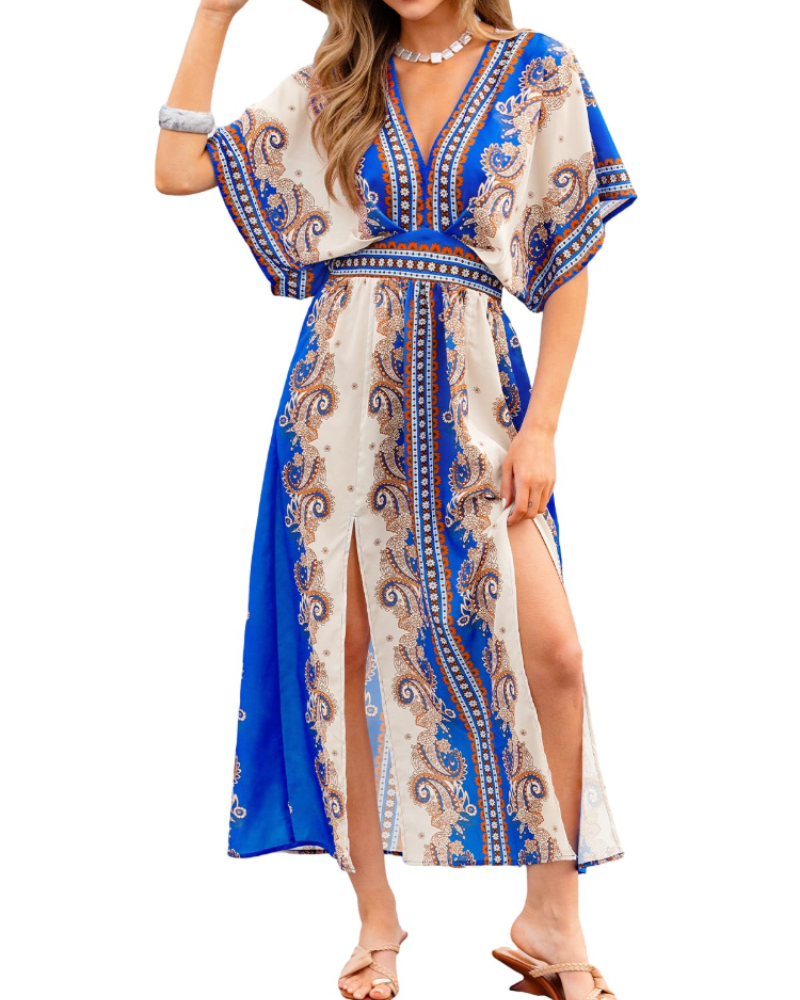 Juliet Vestido Maxi Boho Mujer – Manga Kimono, Cuello en V, Cintura Alta y Abertura