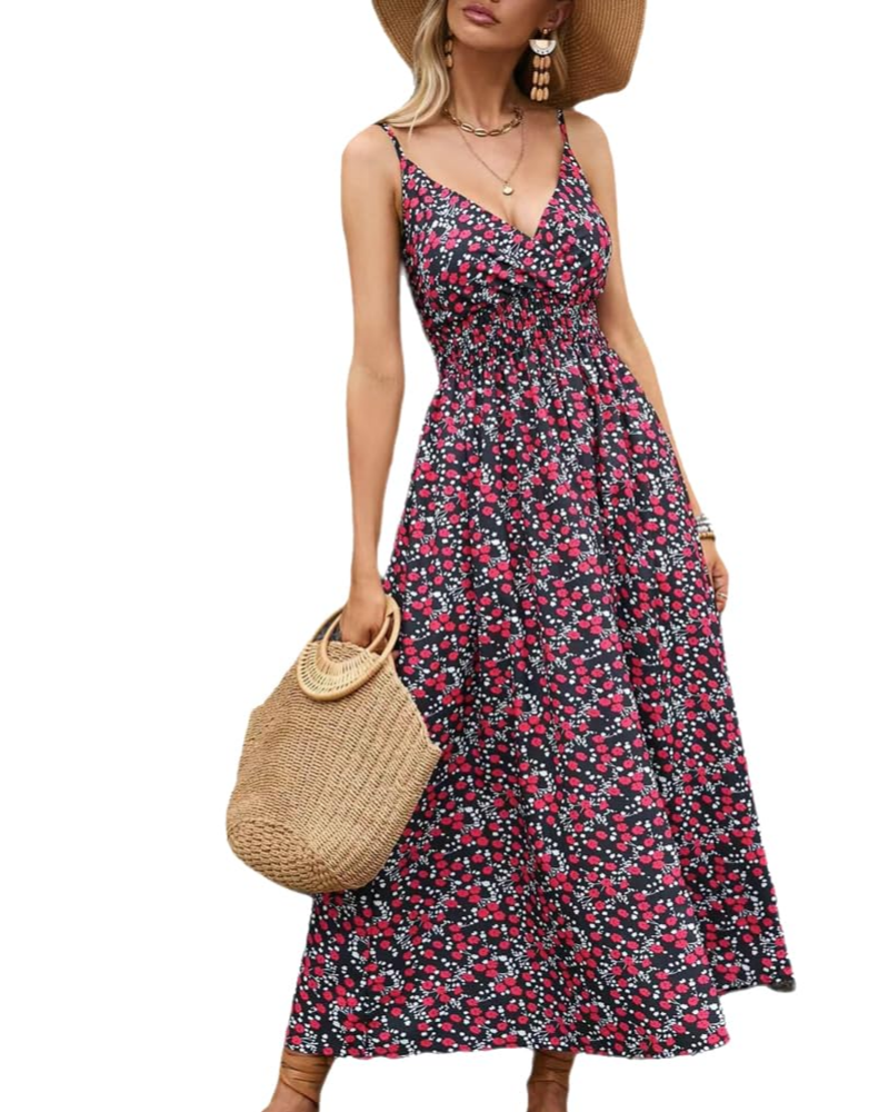 Piper Abito Maxi Floreale Donna – Scollo a V, Spalline Sottili e Vita Alta