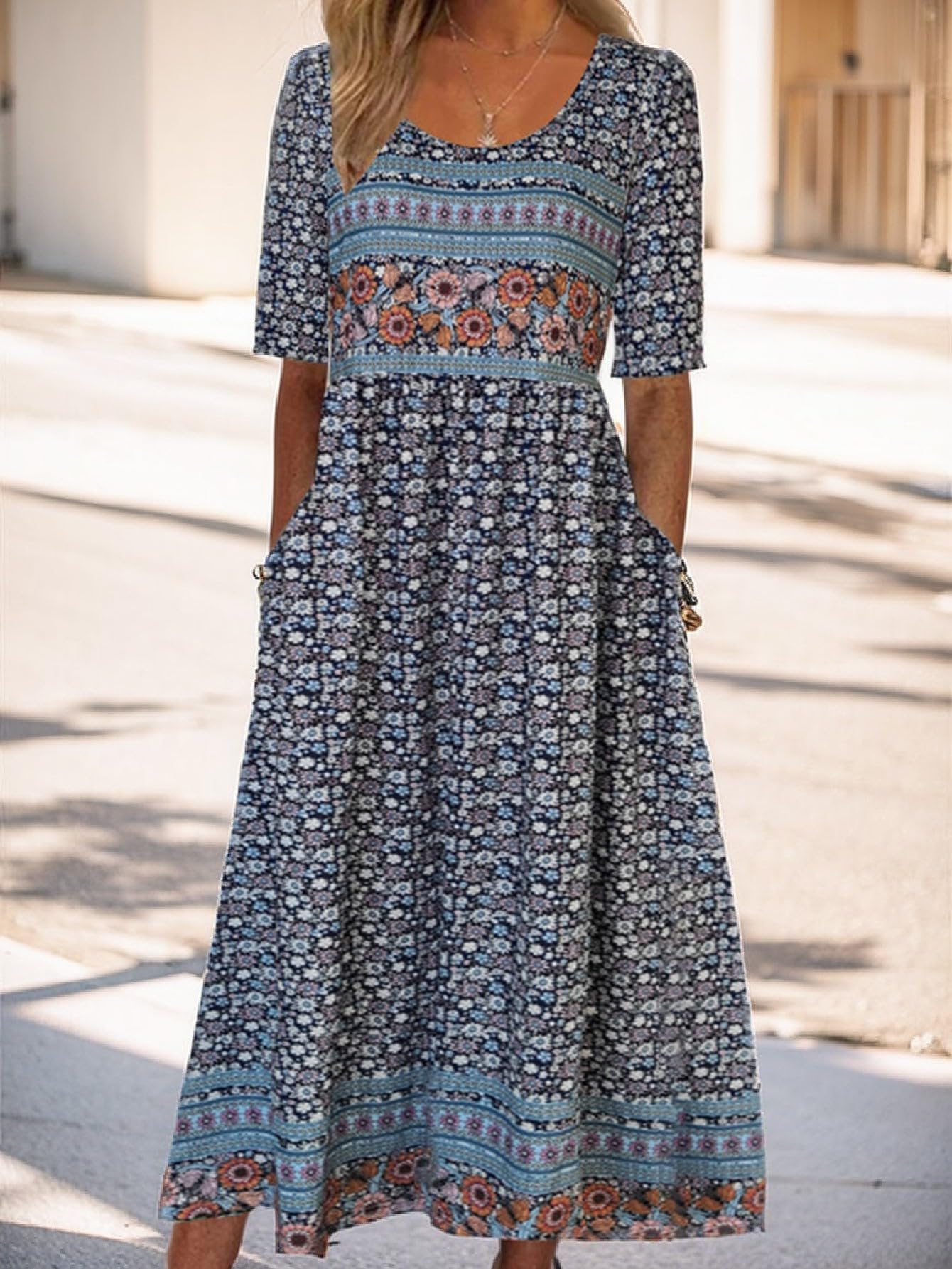 Cecilia Vestido Maxi Mujer – Floral, Manga Corta, Cuello Redondo y Bolsillos