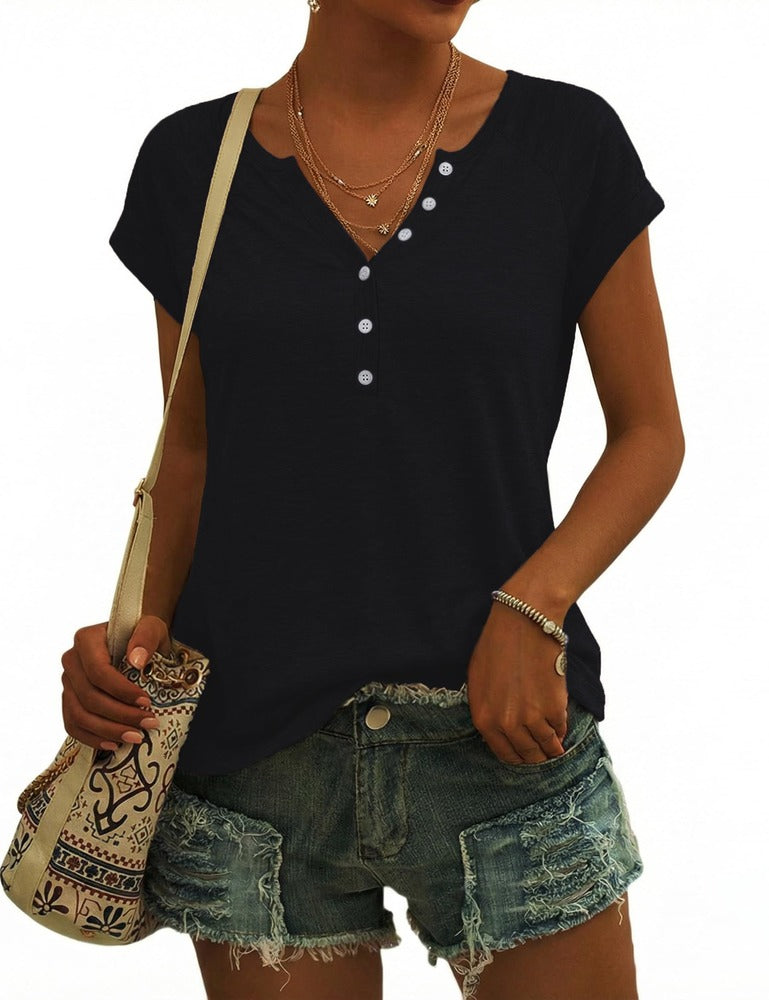 Emma Camiseta Mujer Verano – Cuello en V, Botones y Manga Corta Suave