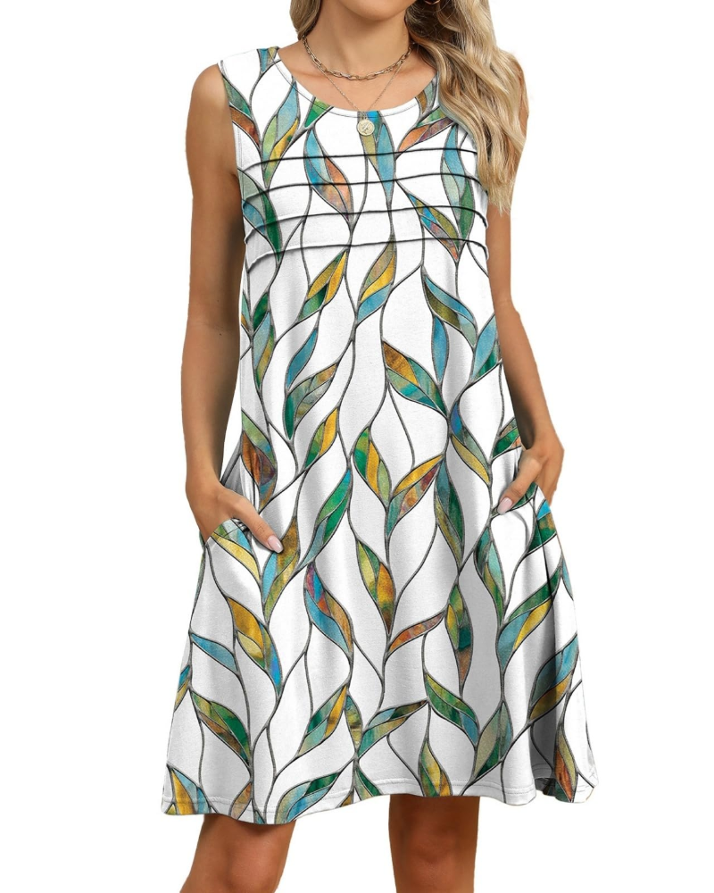 Sloane Vestido Midi Floral Mujer – Sin Mangas, Pliegues, Bolsillos y Corte Línea A