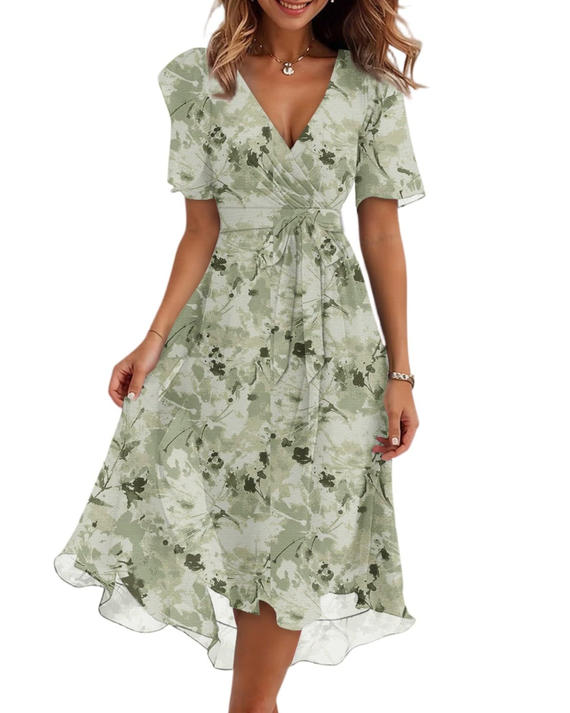 Florence Vestido Midi Floral Mujer – Cuello Cruzado, Cinturón y Mangas Abullonadas