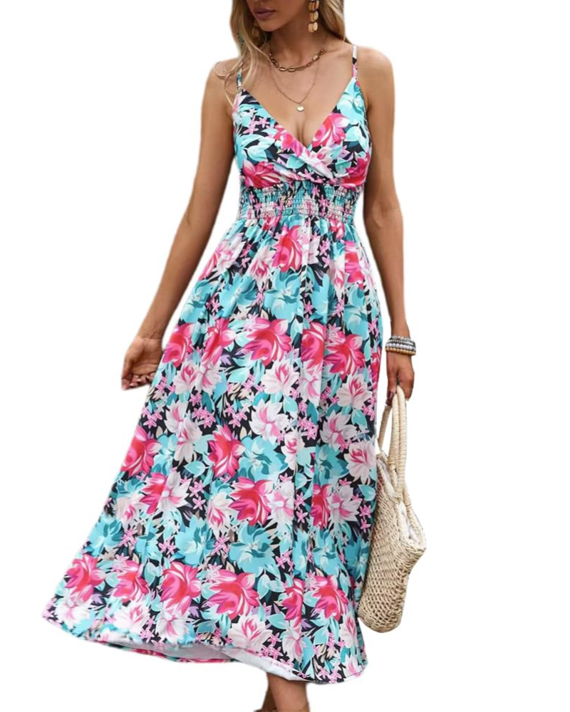 Piper Abito Maxi Floreale Donna – Scollo a V, Spalline Sottili e Vita Alta