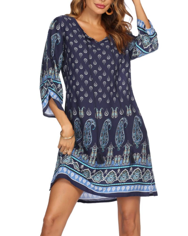Evelyn Vestido Túnica Boho Mujer – Manga Larga, Borlas y Estampado Floral