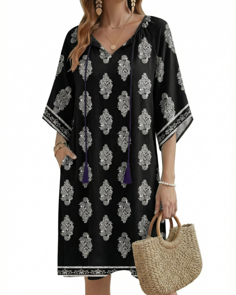 Cecilia Vestido Túnica Boho Mujer – Cuello en V, Borlas, Bolsillos y Manga Media
