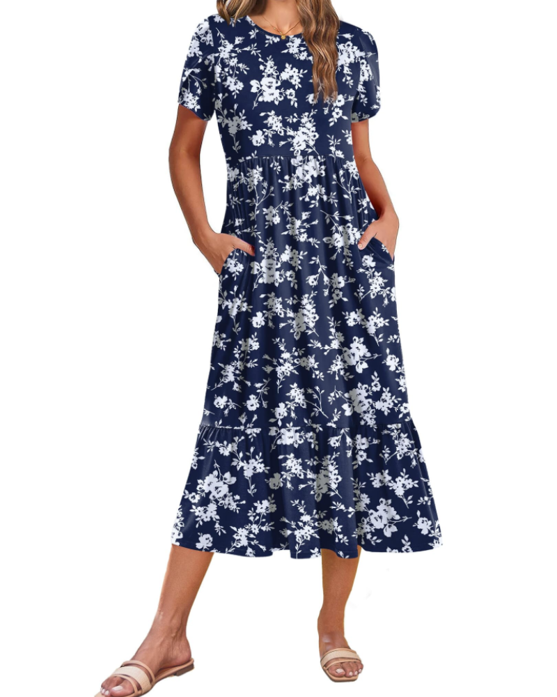 Robe Midi Florale Femme Elodie – Manches Pétales, Poches et Jupe à Volants