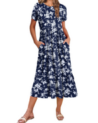 Robe Midi Florale Femme Elodie – Manches Pétales, Poches et Jupe à Volants