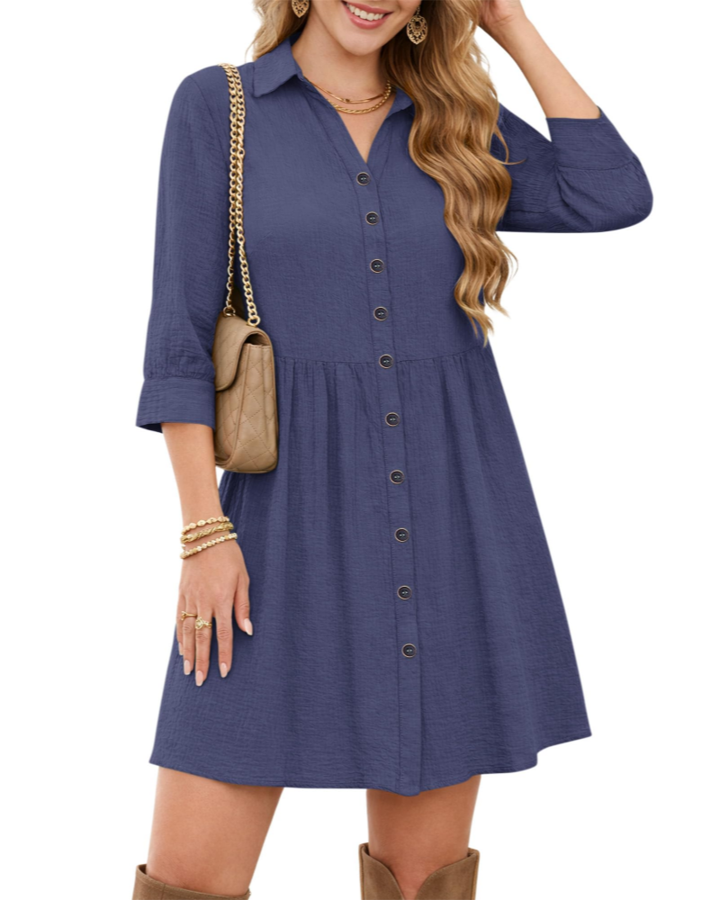 Avery Vestido Camisero Mujer – Cuello en V, Cintura Imperio, Bolsillos y Botones