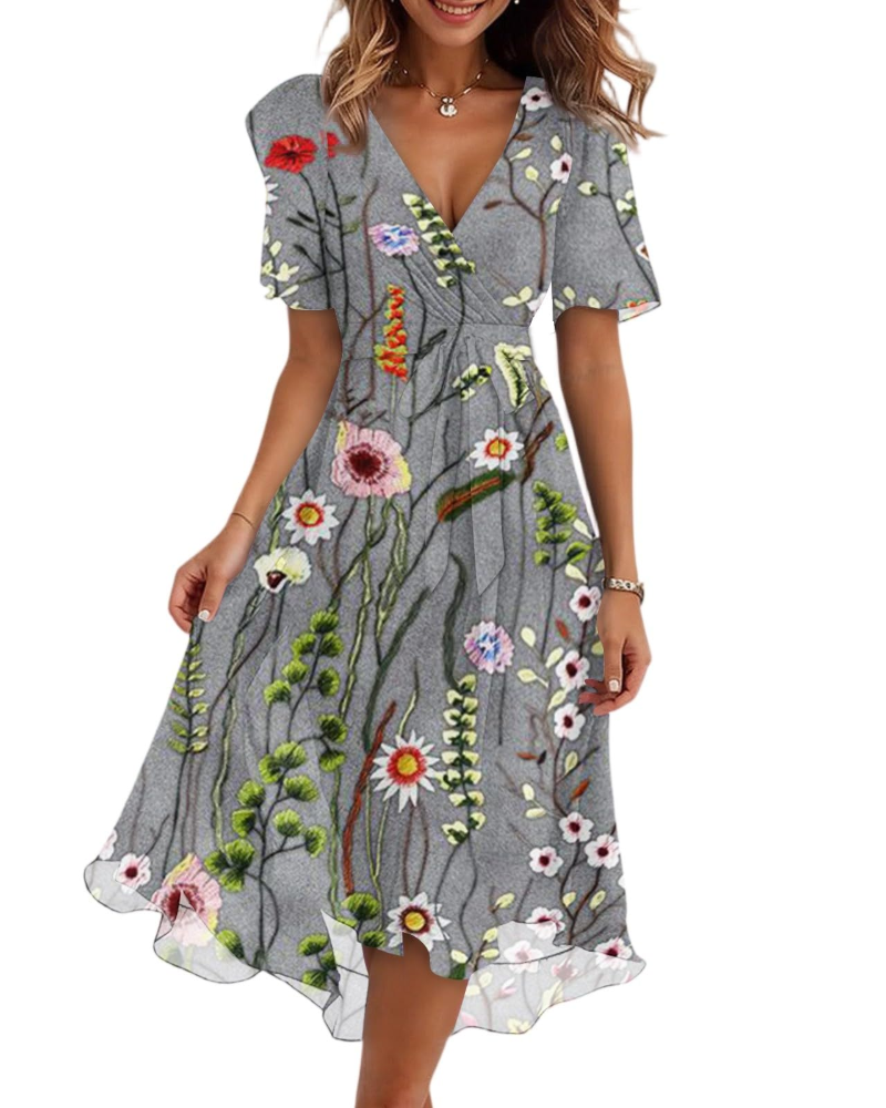 Florence Vestido Midi Floral Mujer – Cuello Cruzado, Cinturón y Mangas Abullonadas