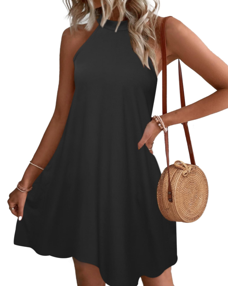 Bianca Vestido Mini Halter Mujer – Espalda Abierta, Bolsillos y Corte Línea A