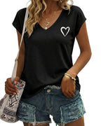 Sophie T-shirt Femme Cœur – Col en V, Manches Courtes et Tissu Élastique