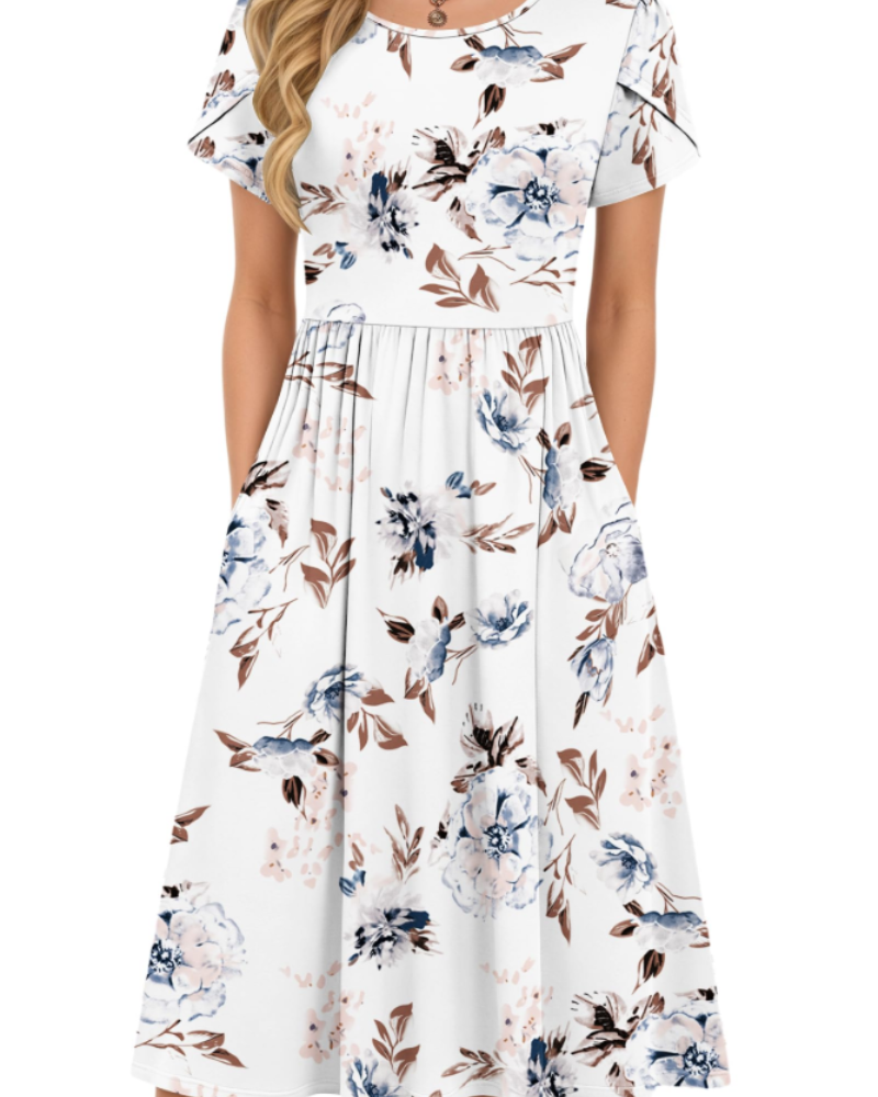 Isabelle Vestido Midi Verano Mujer – Cintura Elástica, Mangas Pétalo y Bolsillos