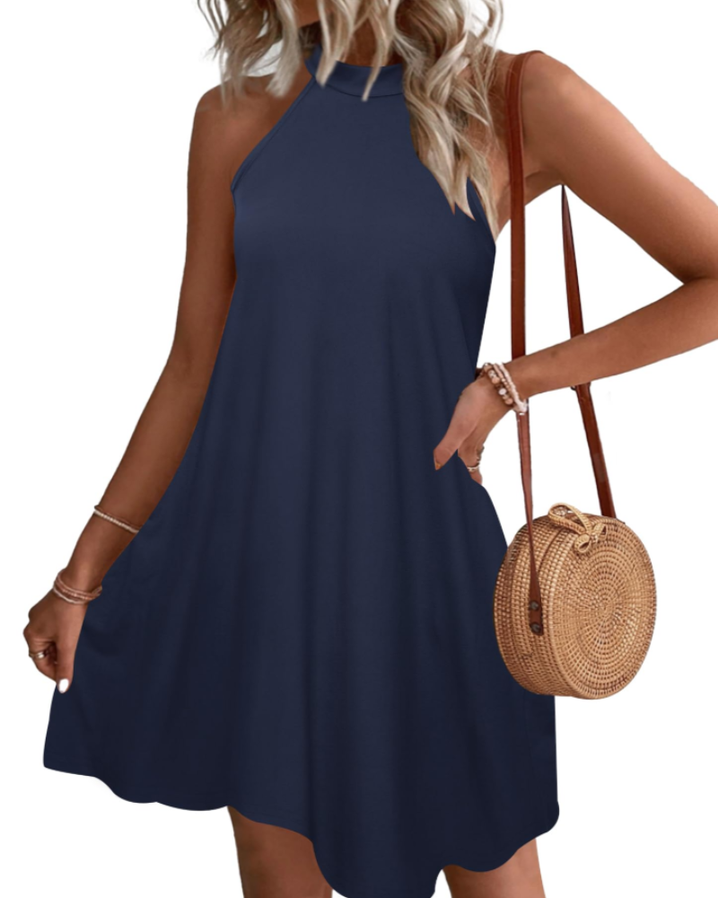 Bianca Vestido Mini Halter Mujer – Espalda Abierta, Bolsillos y Corte Línea A