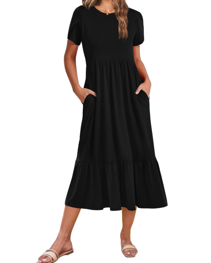 Elodie Vestido Midi Floral Mujer – Mangas Pétalo, Bolsillos y Falda con Volantes