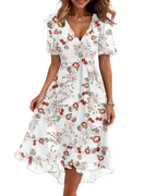 Florence Vestido Midi Floral Mujer – Cuello Cruzado, Cinturón y Mangas Abullonadas