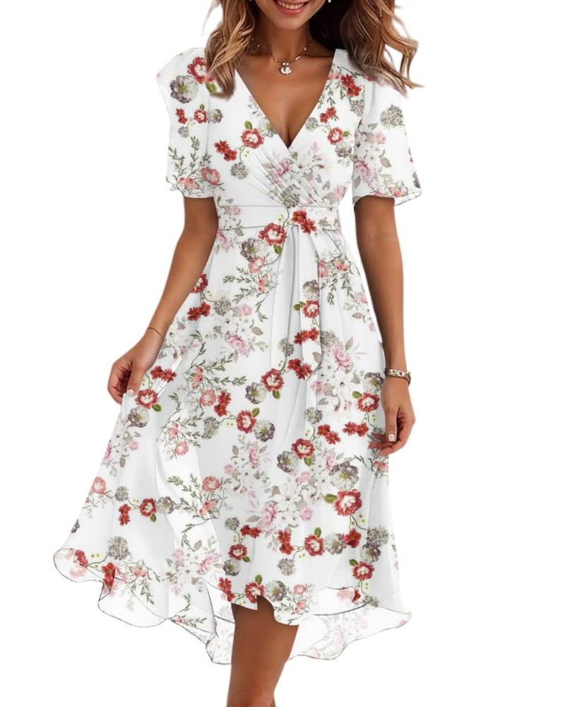 Florence Vestido Midi Floral Mujer – Cuello Cruzado, Cinturón y Mangas Abullonadas