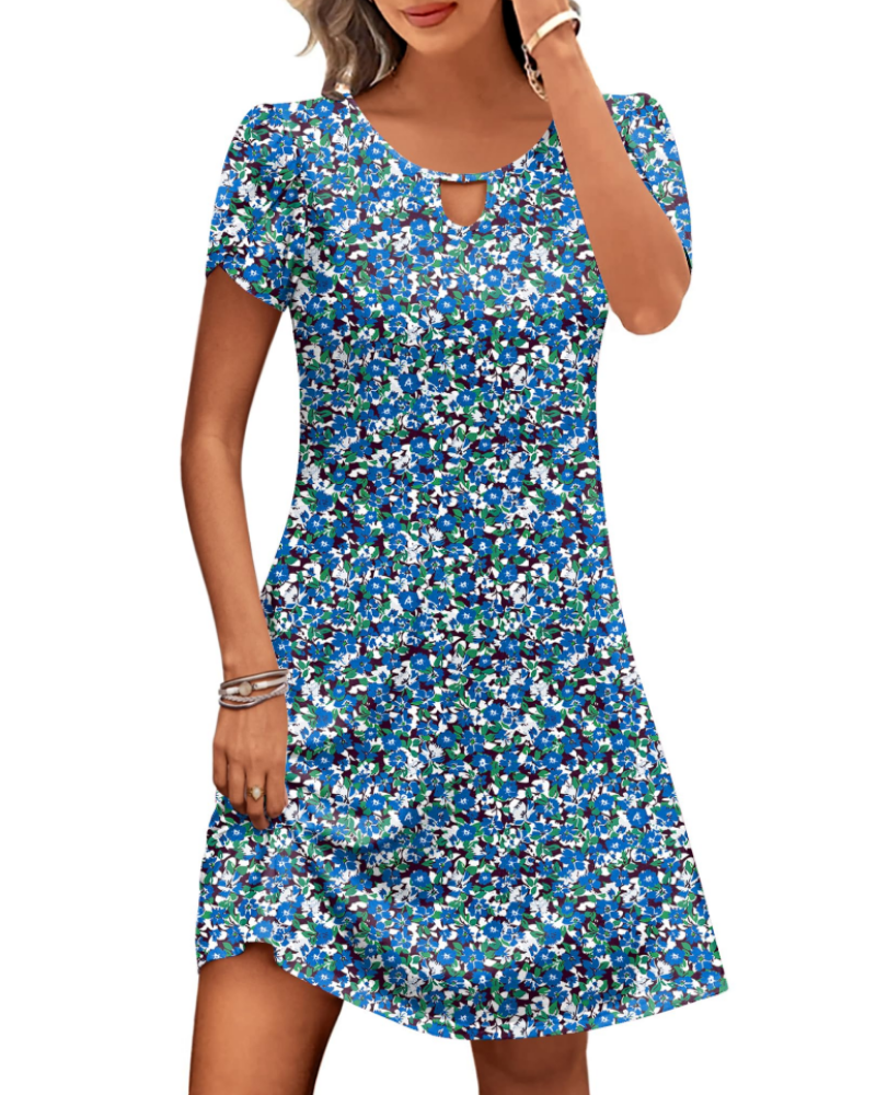 Camille Vestido Midi Floral Mujer – Cuello Redondo, Mangas Abullonadas y Bolsillos